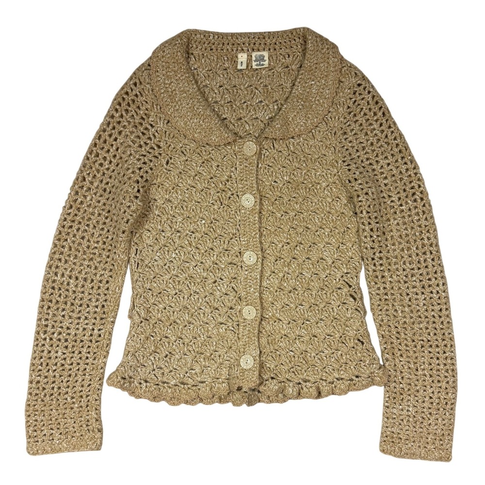 Moth Anthropologie Crochet Cardigan Sweater Tan Wool Blend Peter Pan Collar M